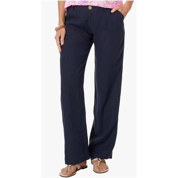Lilly Pulitzer‎ Breeta Linen Trouser Pants True Navy Blue Size 0 NWT $148 - Picture 1 of 16